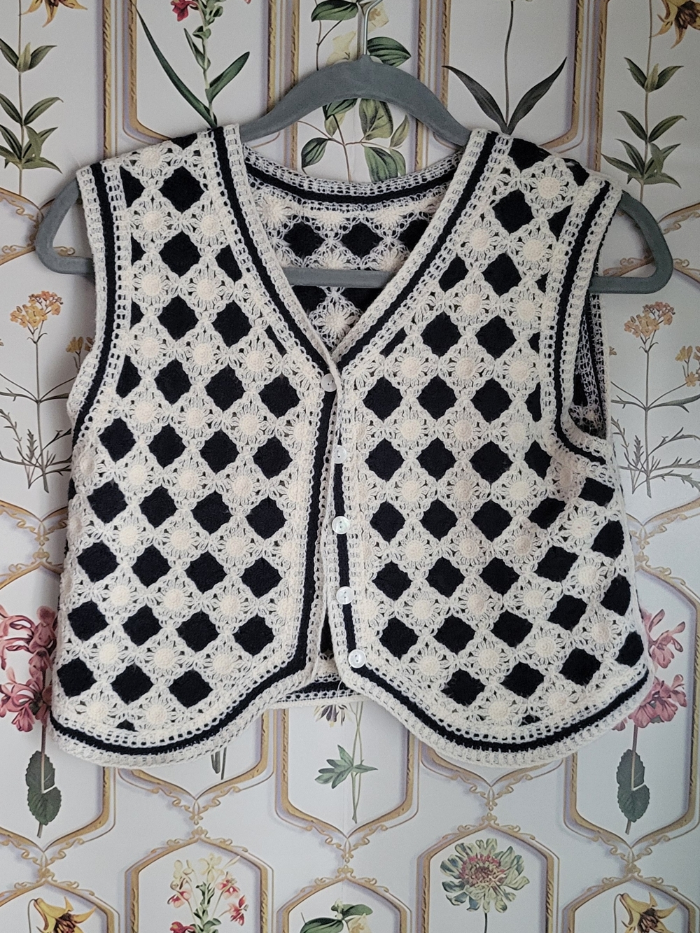 Handcrafted Crocheted Lace Button Down V-Neck Croppe Sweater Vest Cream and Navy